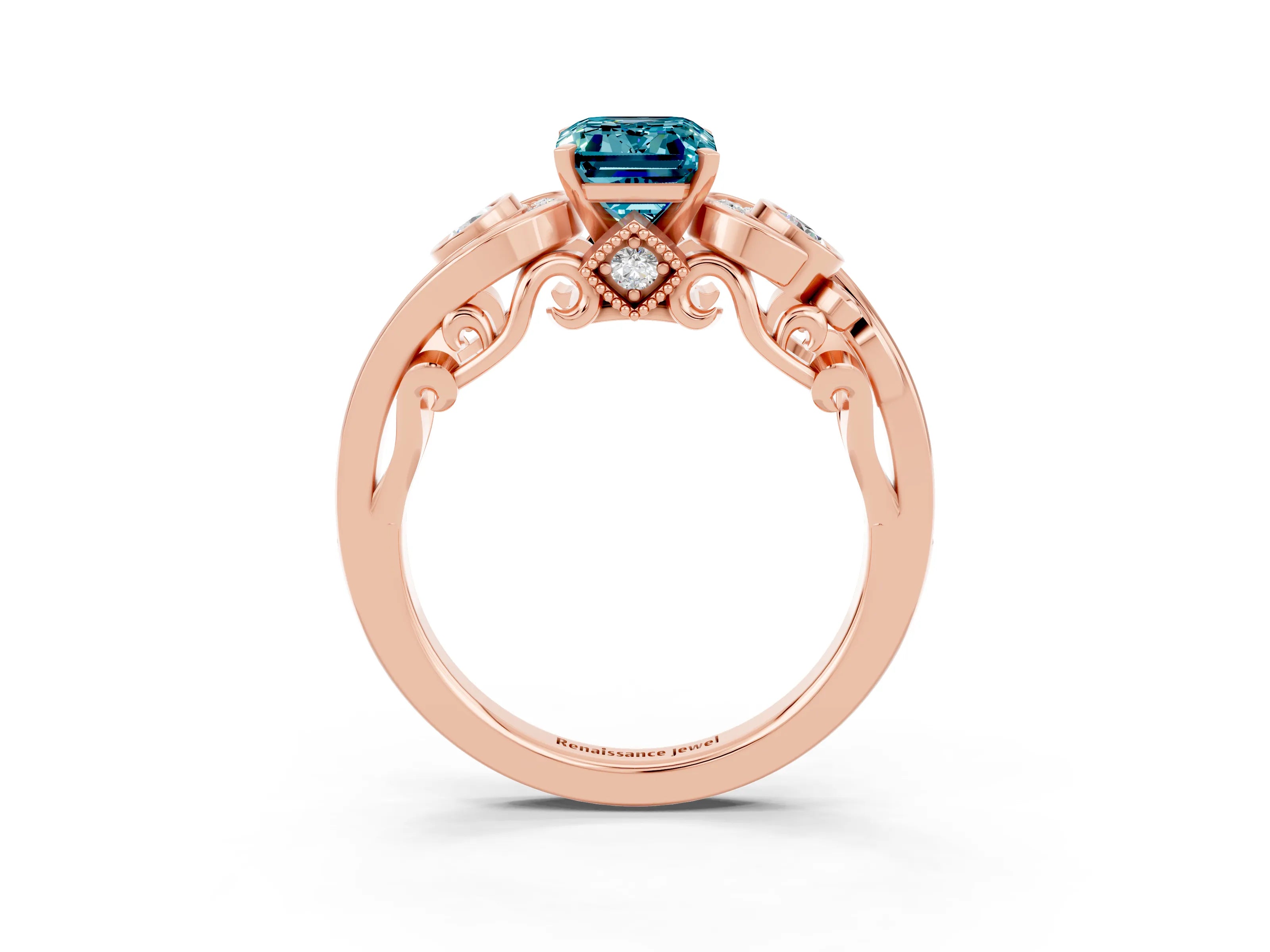 Rose gold Emerald Cut Blue Topaz Solitaire Ring with Milgrain Pavé Band and Four-Prong Setting_27