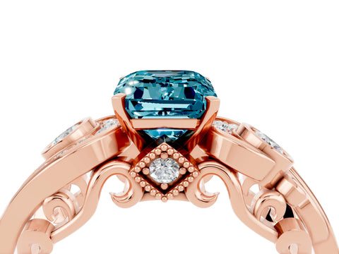 Rose gold Emerald Cut Blue Topaz Solitaire Ring with Milgrain Pavé Band and Four-Prong Setting_28