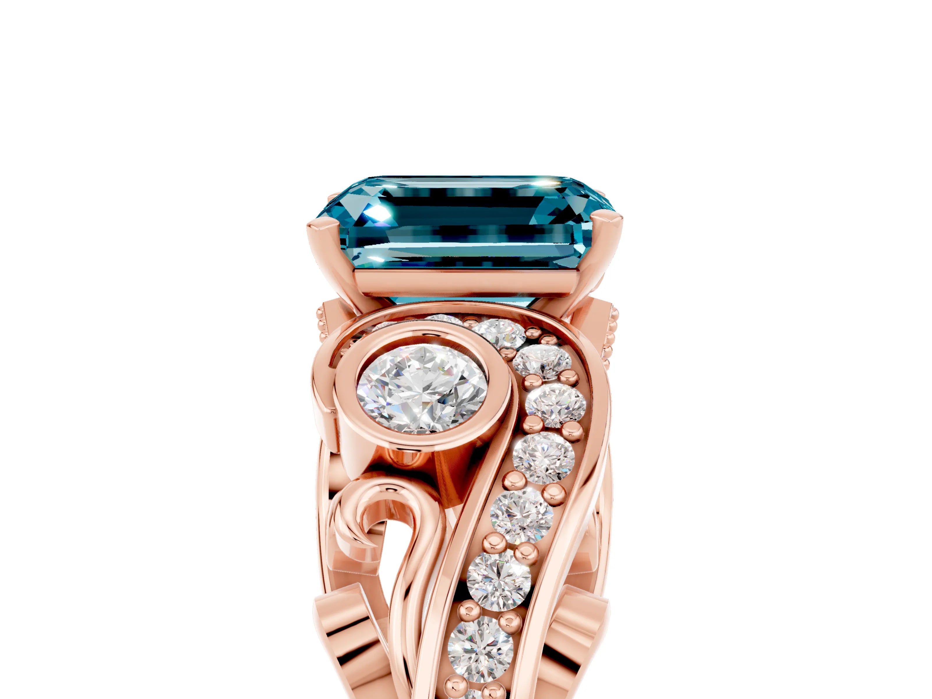 Rose gold Emerald Cut Blue Topaz Solitaire Ring with Milgrain Pavé Band and Four-Prong Setting_29
