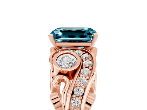 Rose gold Emerald Cut Blue Topaz Solitaire Ring with Milgrain Pavé Band and Four-Prong Setting_29