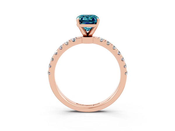 Rose gold Emerald Cut Blue Topaz Solitaire Ring with Pavé Accents and Four-Prong Setting