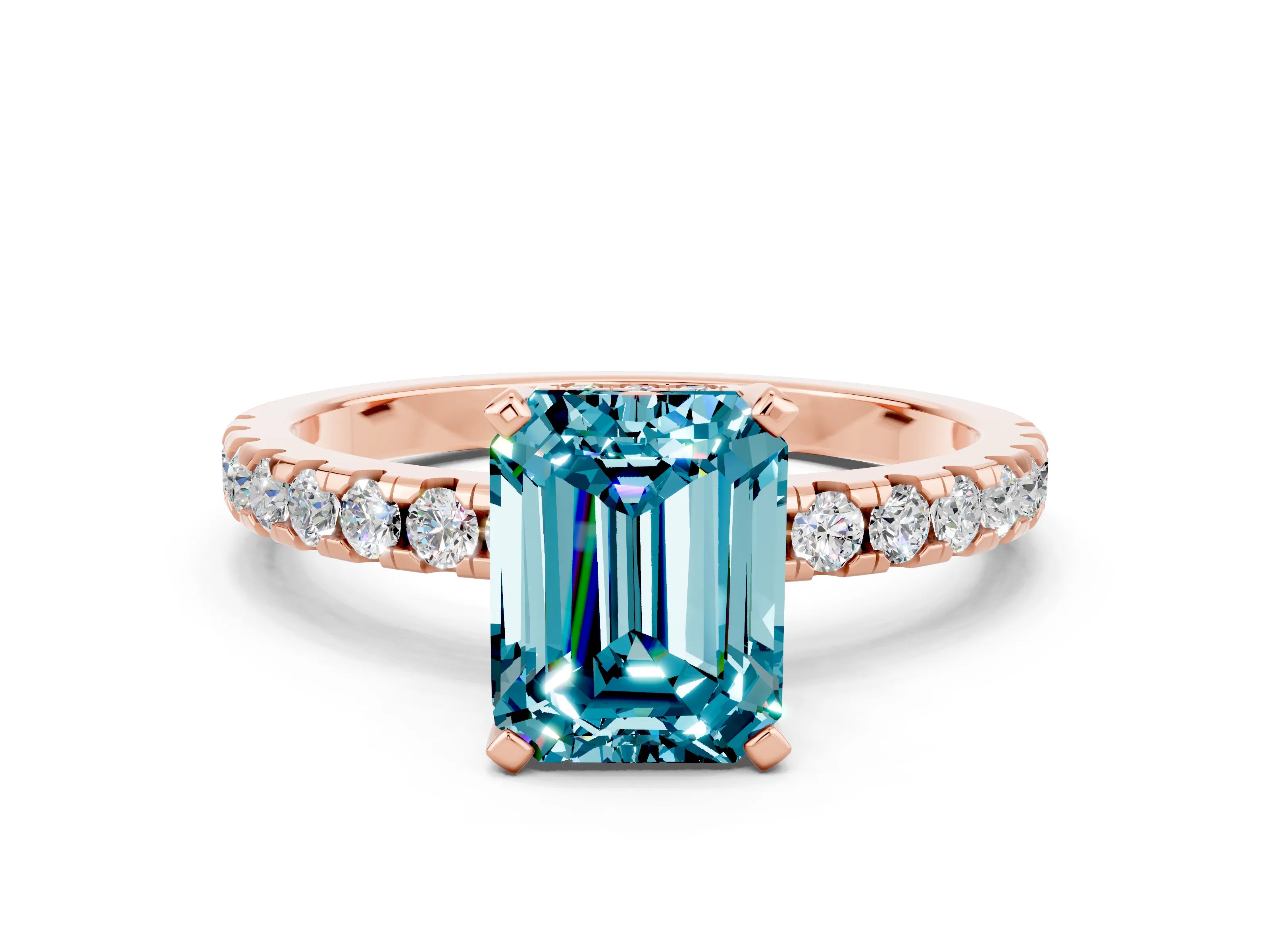 Rose gold Emerald Cut Blue Topaz Solitaire Ring with Pavé Band and Four-Prong Setting_36