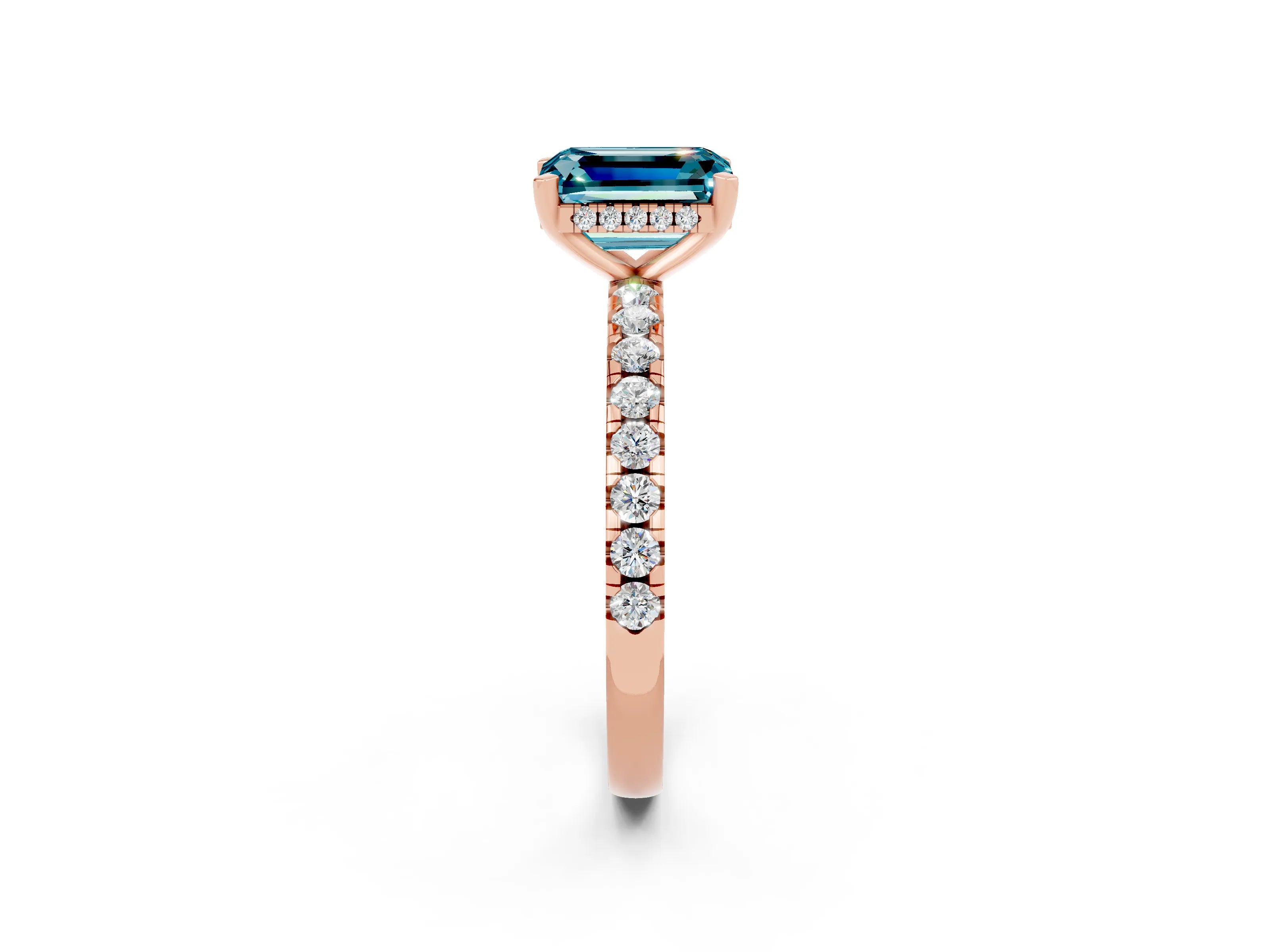 Rose gold Emerald Cut Blue Topaz Solitaire Ring with Pavé Band and Four-Prong Setting_38