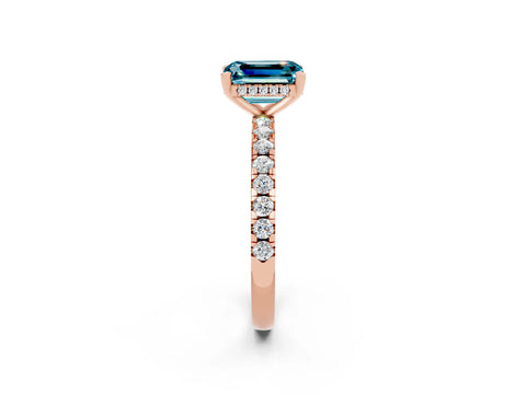 Rose gold Emerald Cut Blue Topaz Solitaire Ring with Pavé Band and Four-Prong Setting_38