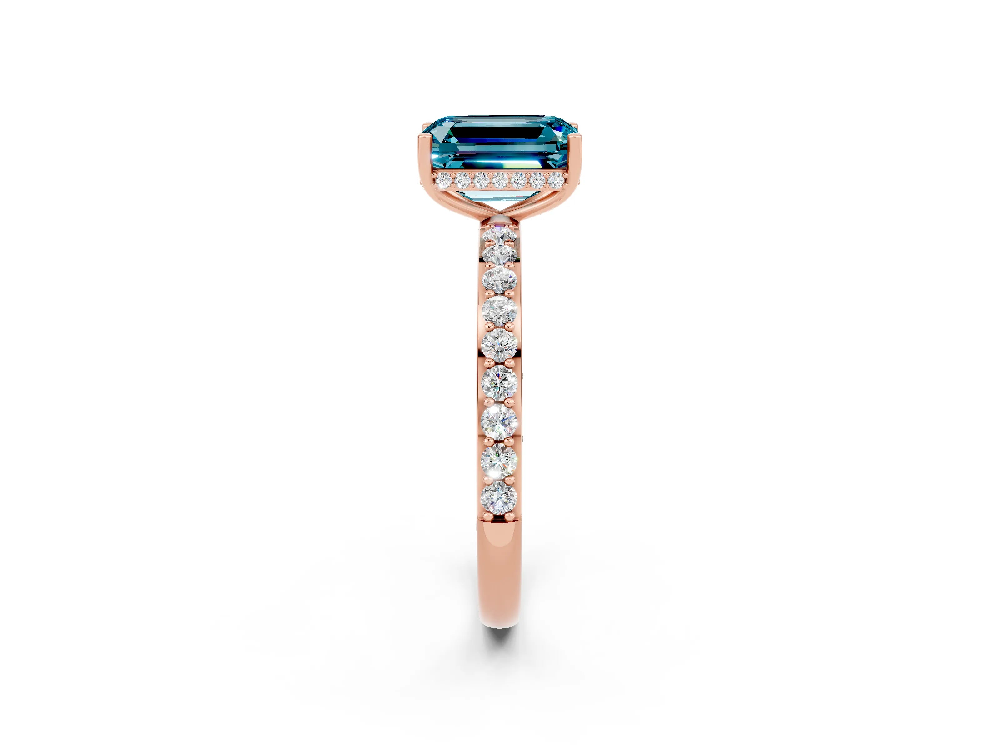 Rose gold Emerald Cut Blue Topaz Solitaire Ring with Pavé Band and Hidden Halo_14