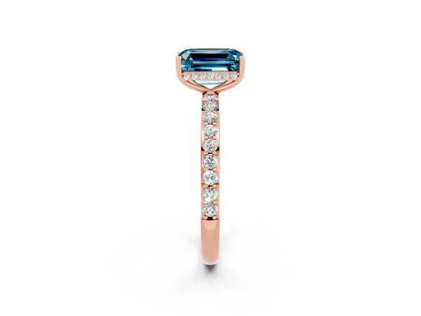 Rose gold Emerald Cut Blue Topaz Solitaire Ring with Pavé Band and Hidden Halo