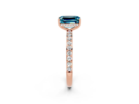 Rose gold Emerald Cut Blue Topaz Solitaire Ring with Pavé Band and Hidden Halo_14