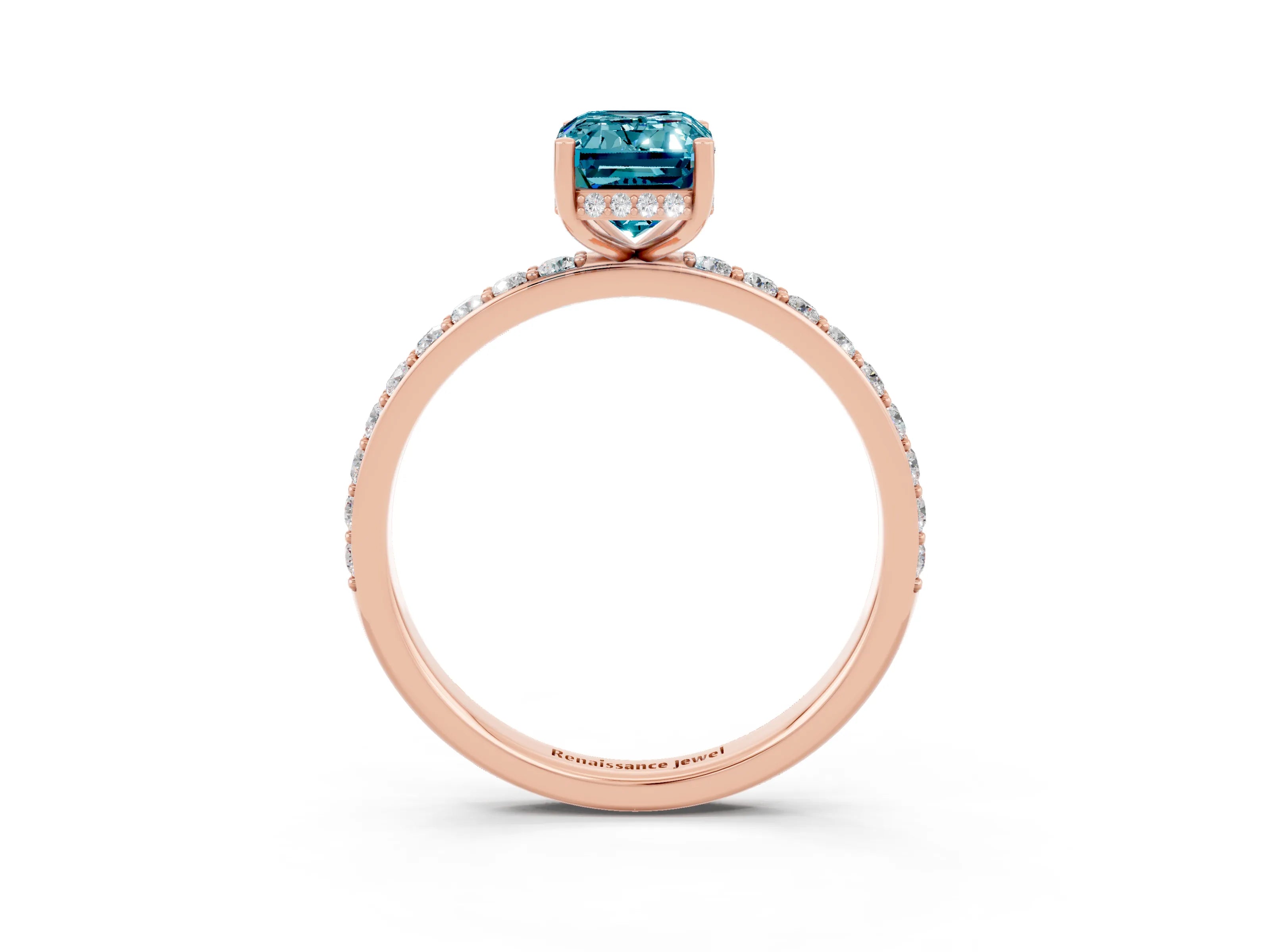 Rose gold Emerald Cut Blue Topaz Solitaire Ring with Pavé Band and Hidden Halo_15