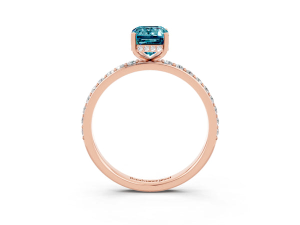 Rose gold Emerald Cut Blue Topaz Solitaire Ring with Pavé Band and Hidden Halo