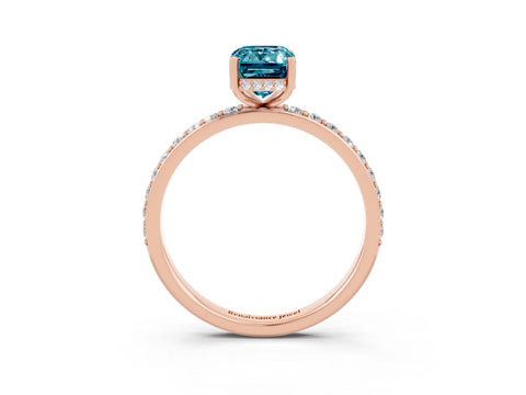 Rose gold Emerald Cut Blue Topaz Solitaire Ring with Pavé Band and Hidden Halo_15