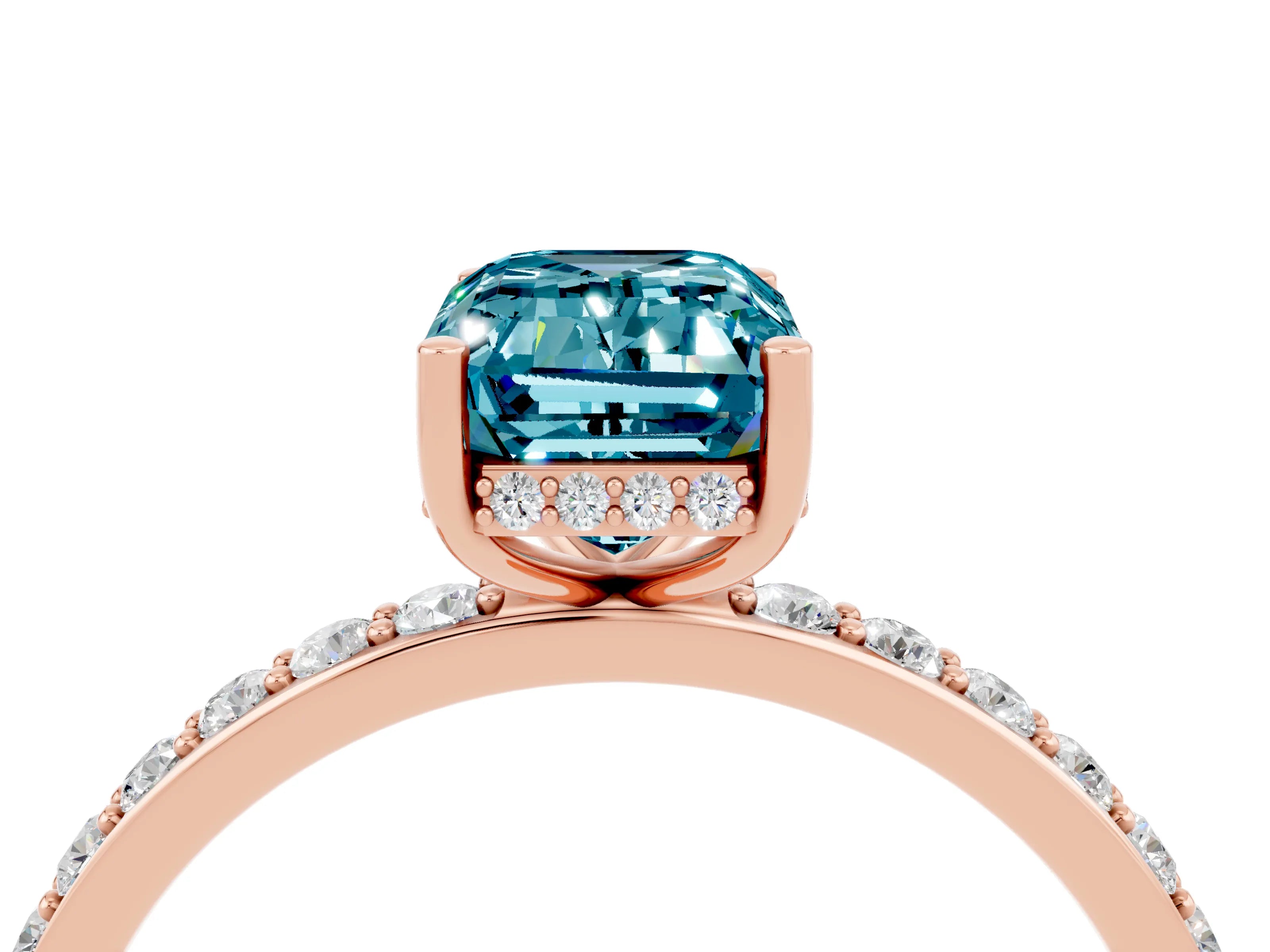 Rose gold Emerald Cut Blue Topaz Solitaire Ring with Pavé Band and Hidden Halo_16