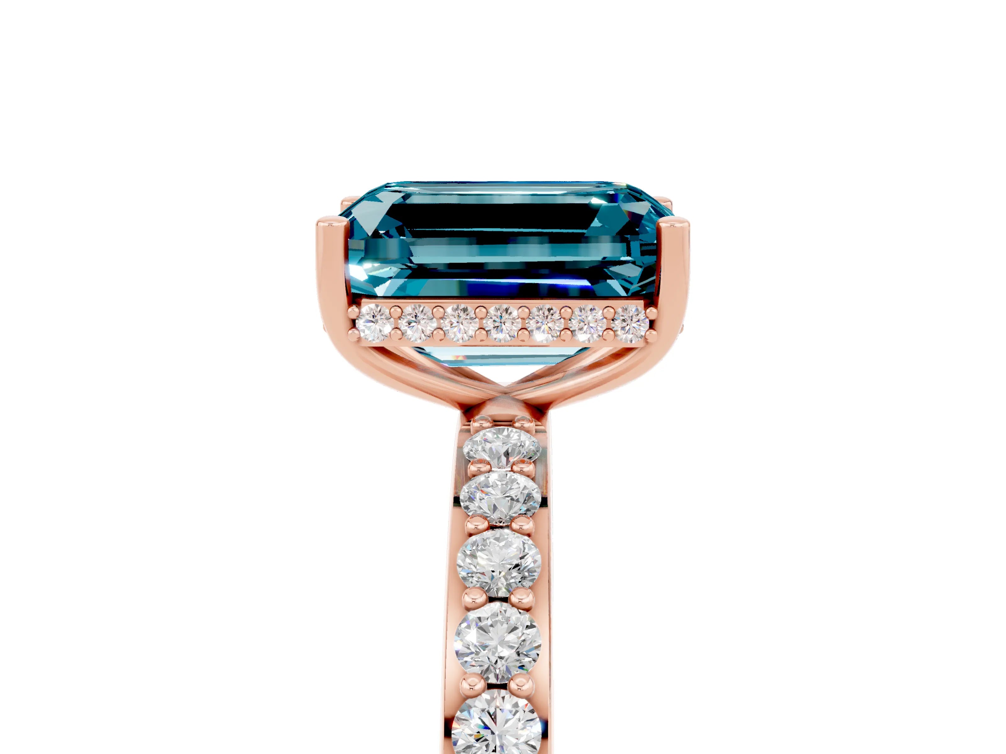 Rose gold Emerald Cut Blue Topaz Solitaire Ring with Pavé Band and Hidden Halo_17