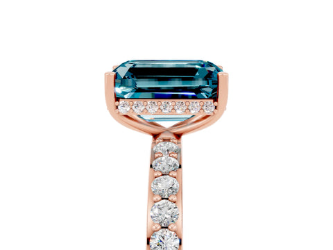 Rose gold Emerald Cut Blue Topaz Solitaire Ring with Pavé Band and Hidden Halo_17