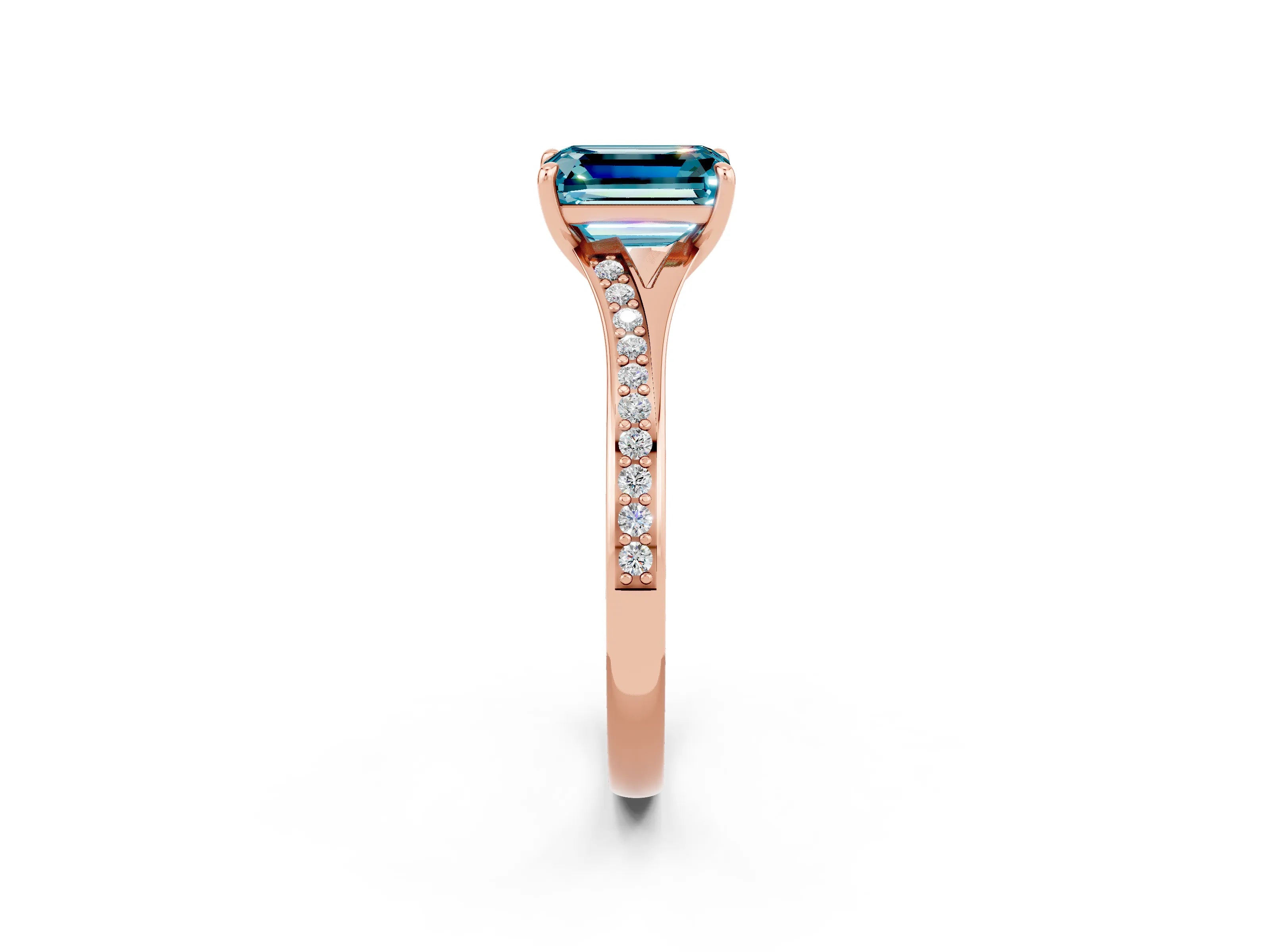Rose gold Emerald Cut Blue Topaz Solitaire Ring with Pavé Band and Prong Setting_2