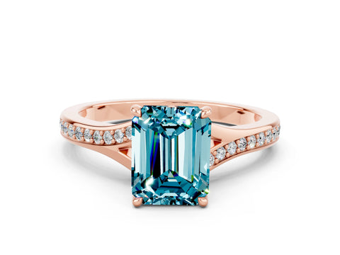 Rose gold Emerald Cut Blue Topaz Solitaire Ring with Pavé Band and Prong Setting_24
