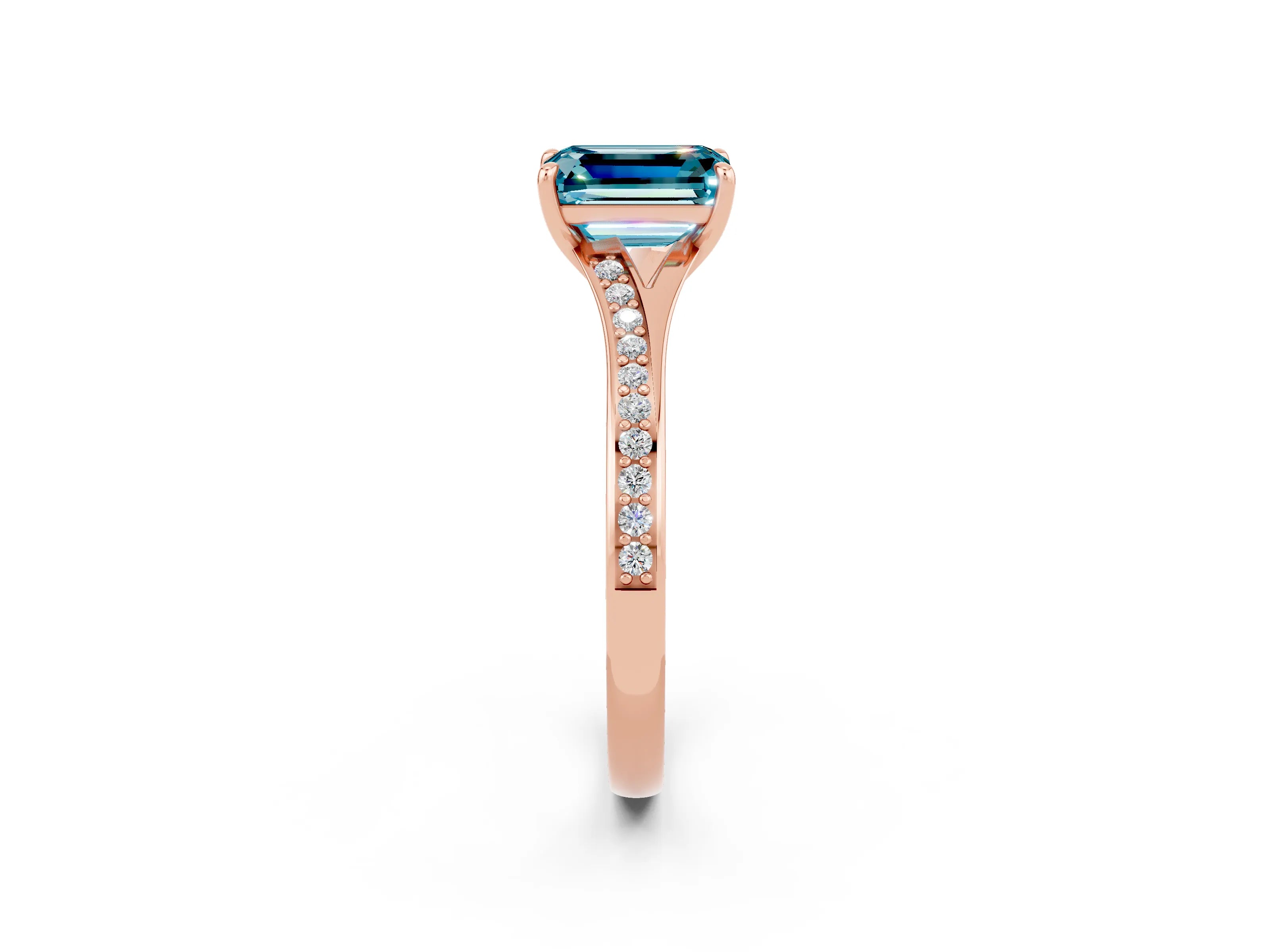 Rose gold Emerald Cut Blue Topaz Solitaire Ring with Pavé Band and Prong Setting_26