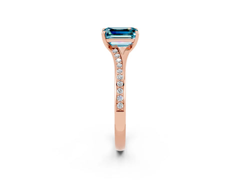 Rose gold Emerald Cut Blue Topaz Solitaire Ring with Pavé Band and Prong Setting_26