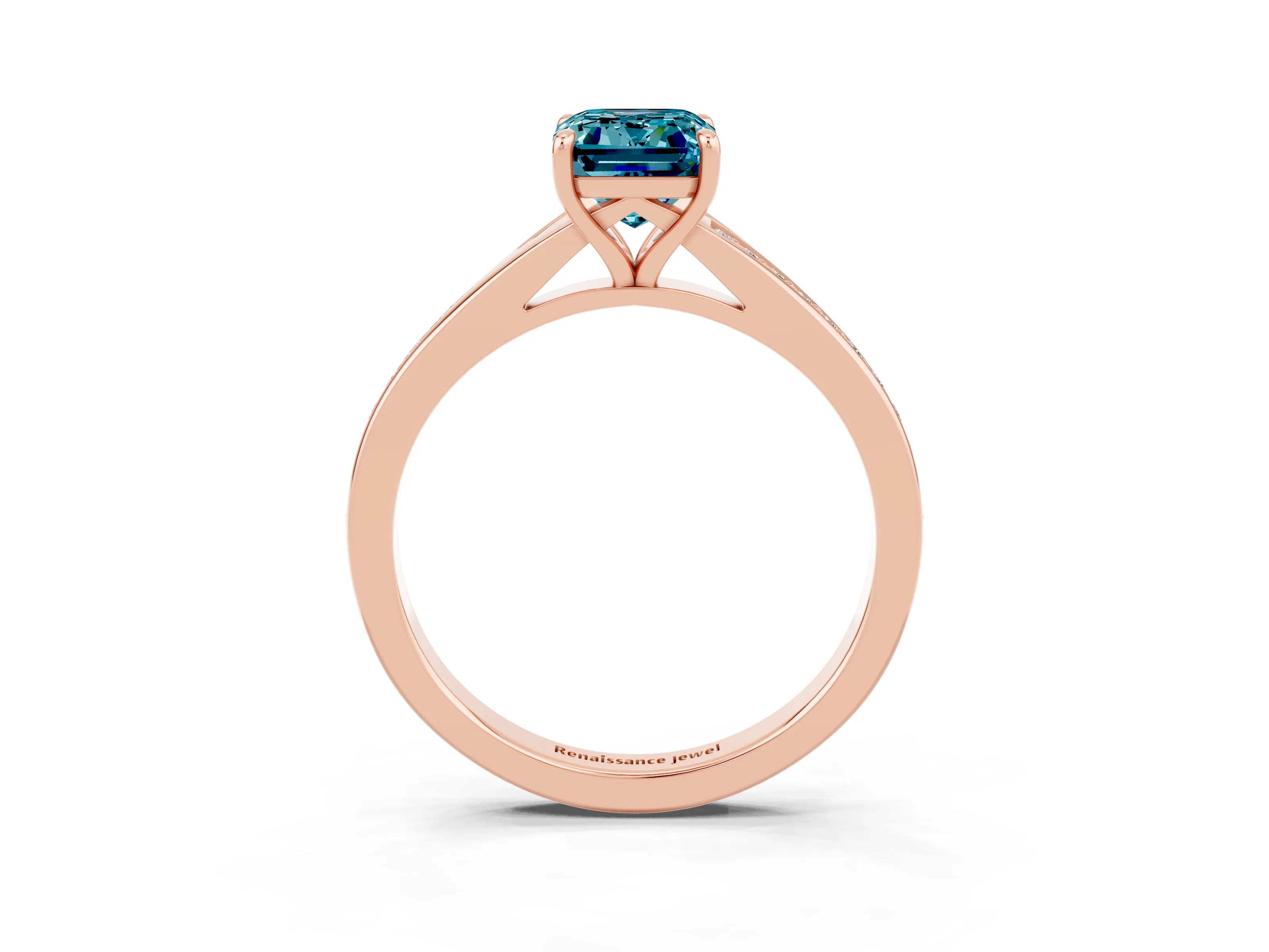 Rose gold Emerald Cut Blue Topaz Solitaire Ring with Pavé Band and Prong Setting_27