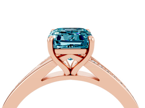 Rose gold Emerald Cut Blue Topaz Solitaire Ring with Pavé Band and Prong Setting_28