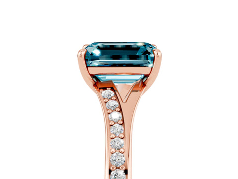 Rose gold Emerald Cut Blue Topaz Solitaire Ring with Pavé Band and Prong Setting_29
