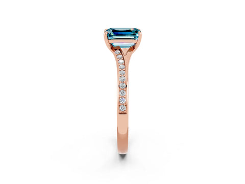 Rose gold Emerald Cut Blue Topaz Solitaire Ring with Pavé Band and Prong Setting_2