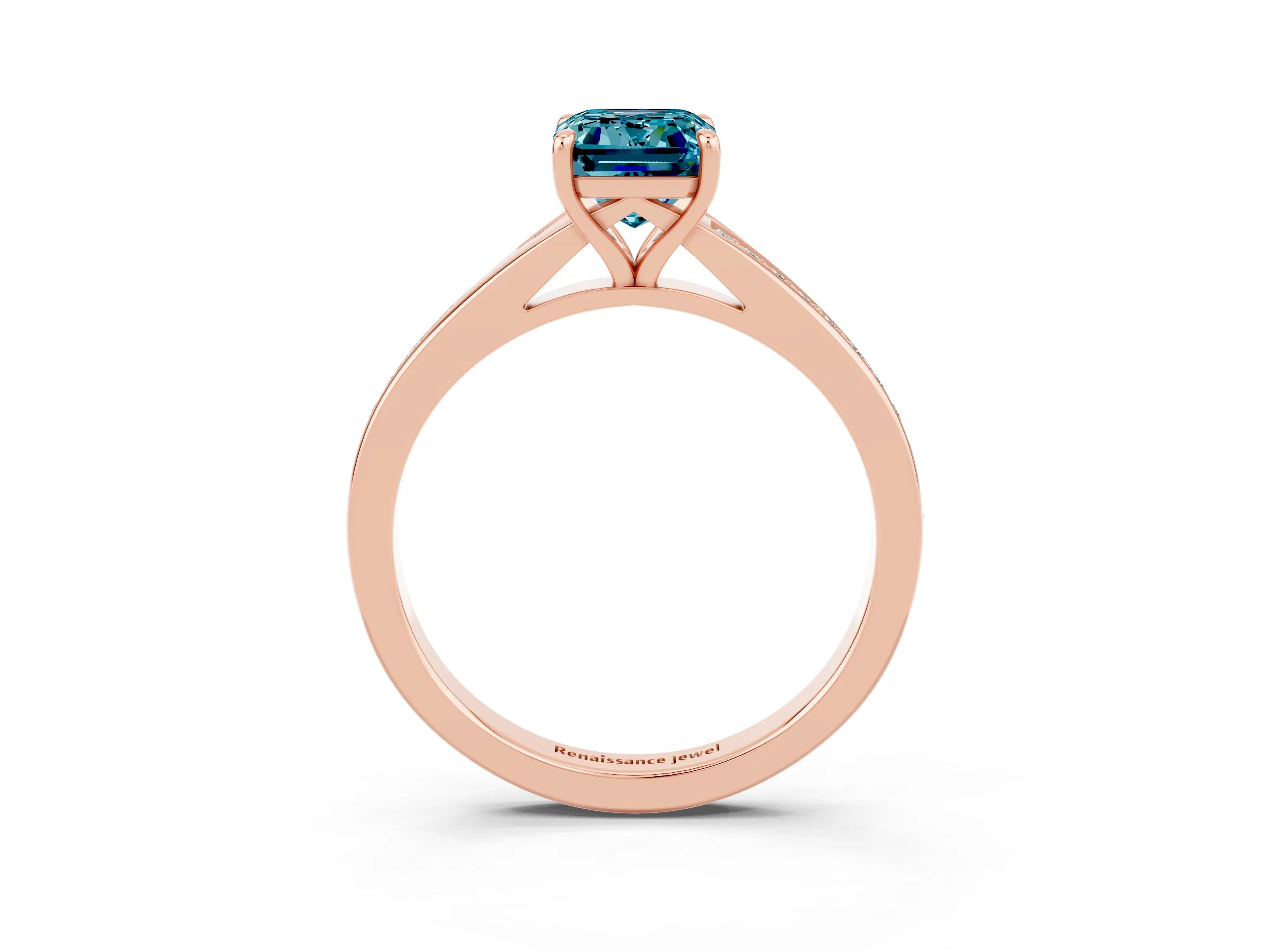 Rose gold Emerald Cut Blue Topaz Solitaire Ring with Pavé Band and Prong Setting_3