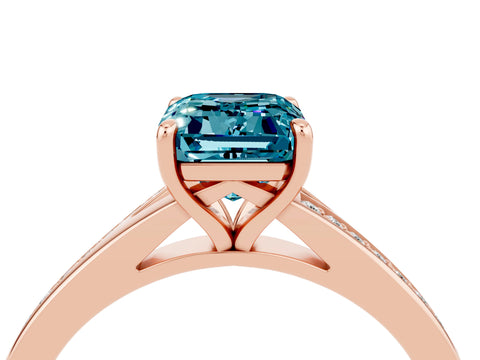 Rose gold Emerald Cut Blue Topaz Solitaire Ring with Pavé Band and Prong Setting_4
