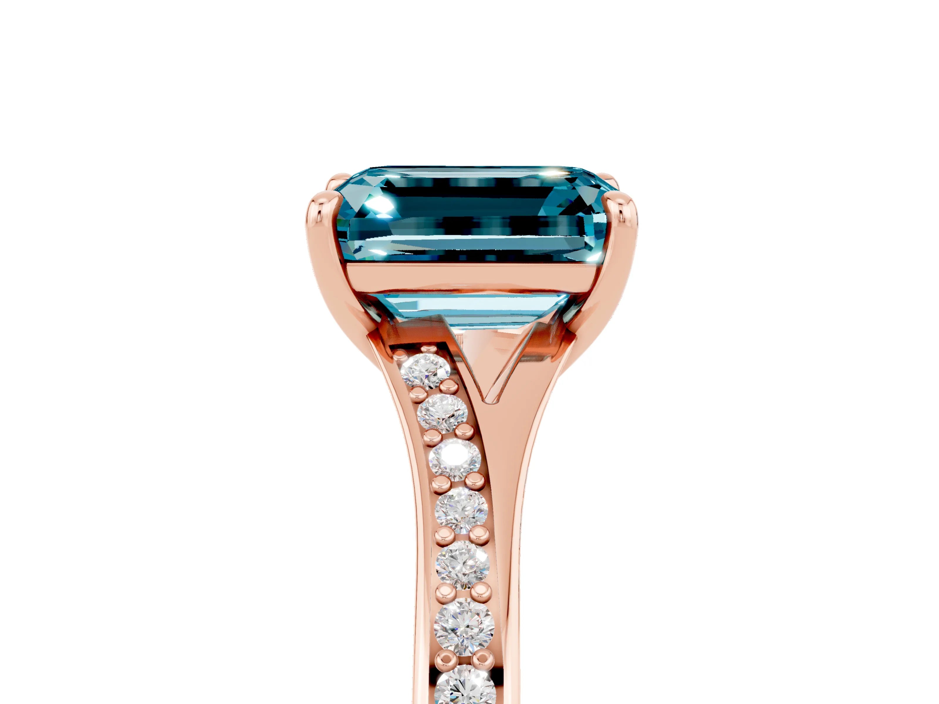 Rose gold Emerald Cut Blue Topaz Solitaire Ring with Pavé Band and Prong Setting_5