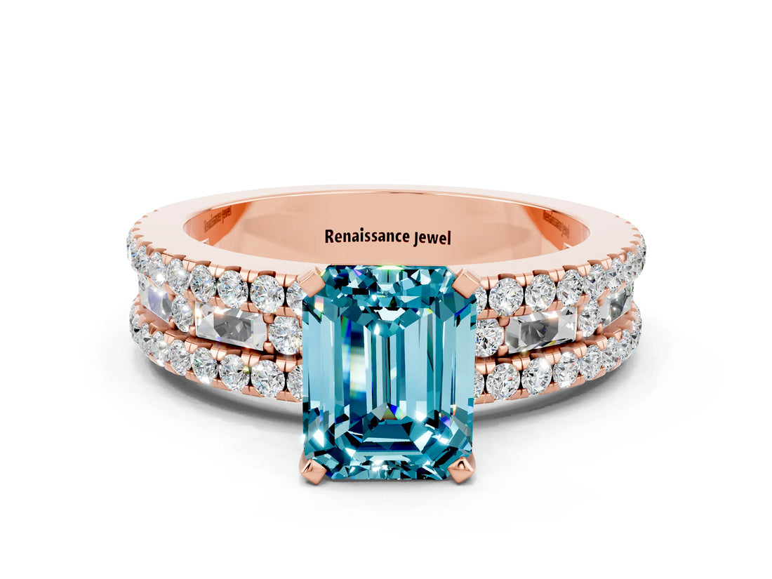 Rose gold Emerald Cut Blue Topaz Solitaire Ring with Pavé and Channel Set Band