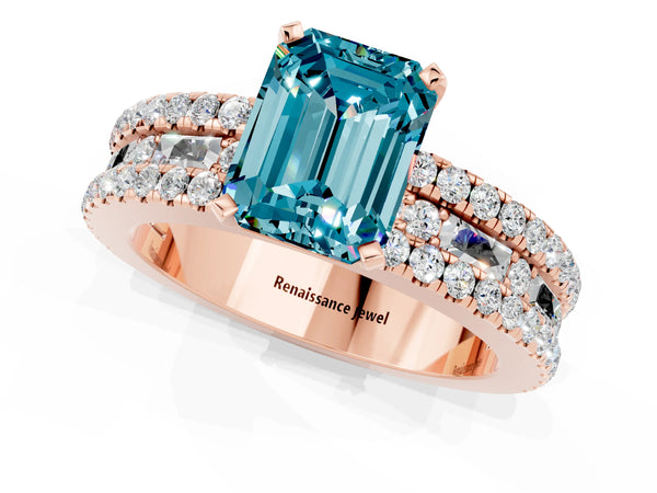 Rose gold Emerald Cut Blue Topaz Solitaire Ring with Pavé and Channel Set Band