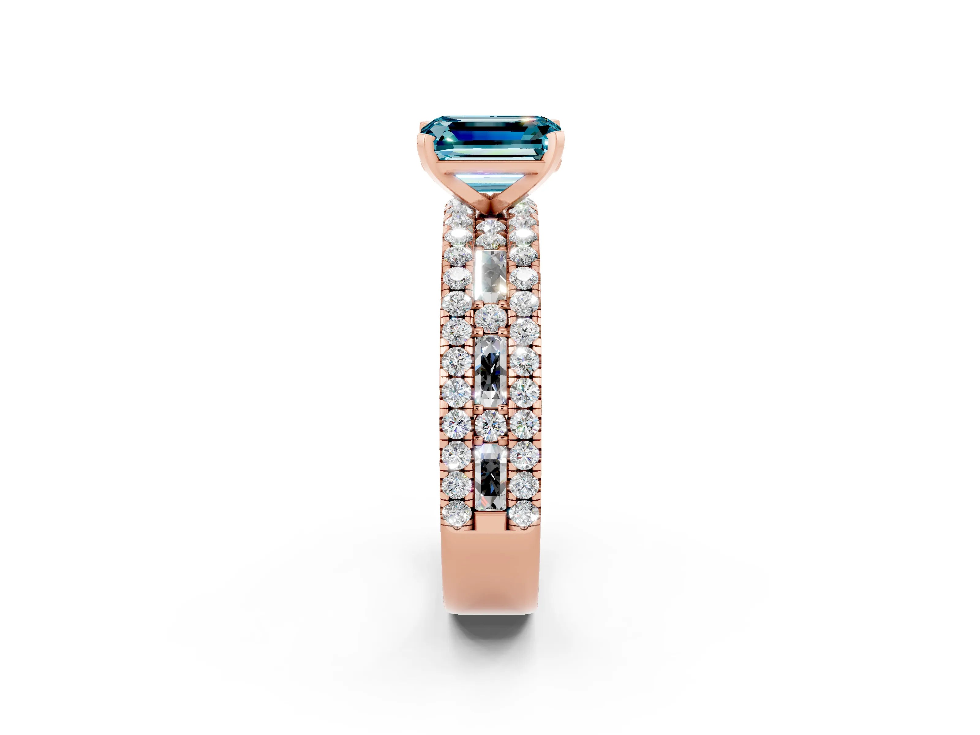 Rose gold Emerald Cut Blue Topaz Solitaire Ring with Pavé and Channel Set Band_2