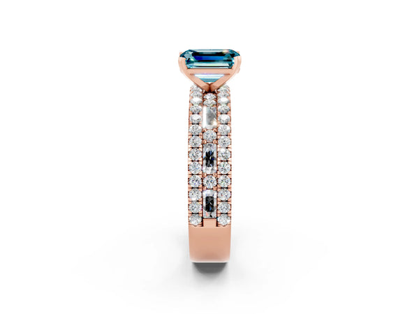 Rose gold Emerald Cut Blue Topaz Solitaire Ring with Pavé and Channel Set Band