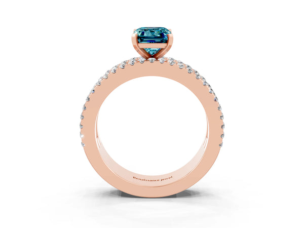 Rose gold Emerald Cut Blue Topaz Solitaire Ring with Pavé and Channel Set Band