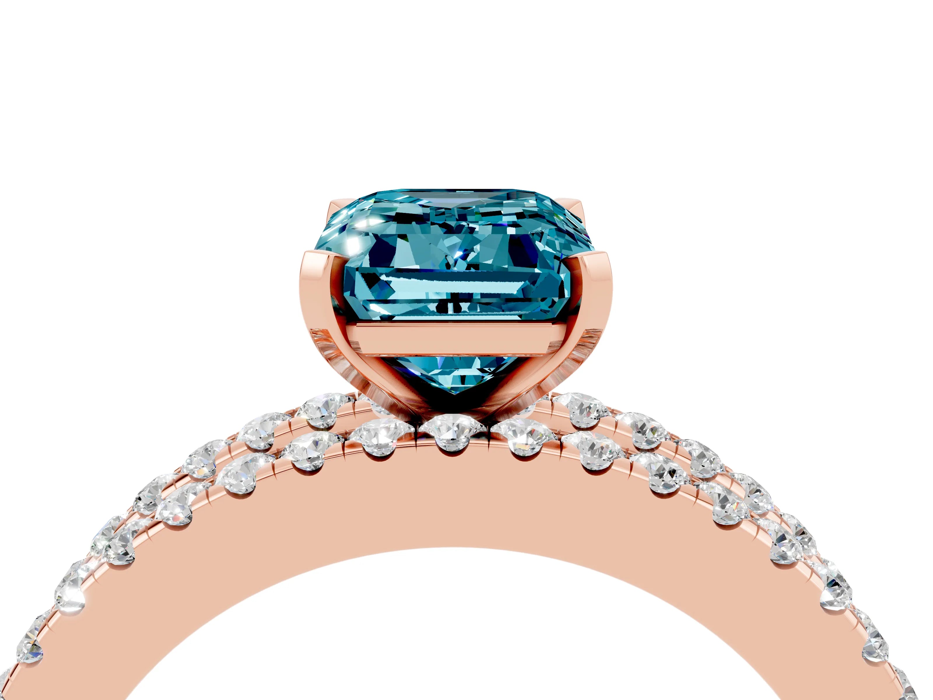 Rose gold Emerald Cut Blue Topaz Solitaire Ring with Pavé and Channel Set Band_4