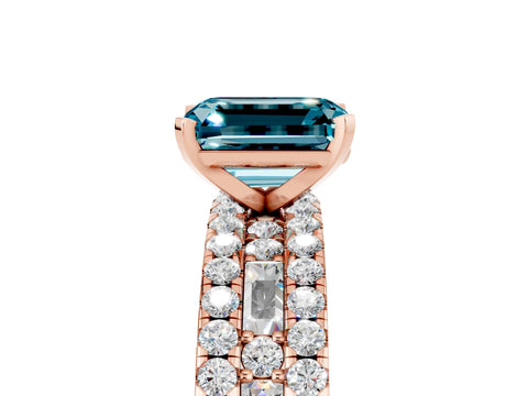Rose gold Emerald Cut Blue Topaz Solitaire Ring with Pavé and Channel Set Band_5