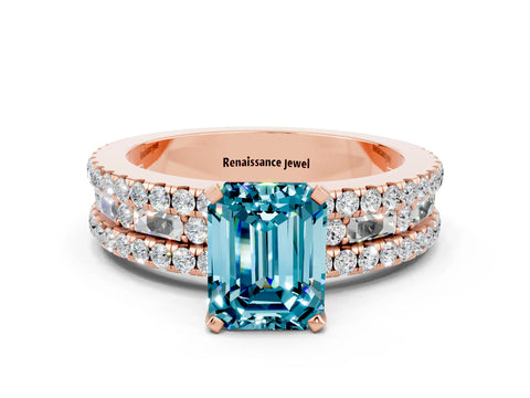 Rose gold Emerald Cut Blue Topaz Solitaire Ring with Pavé and Channel Set Band