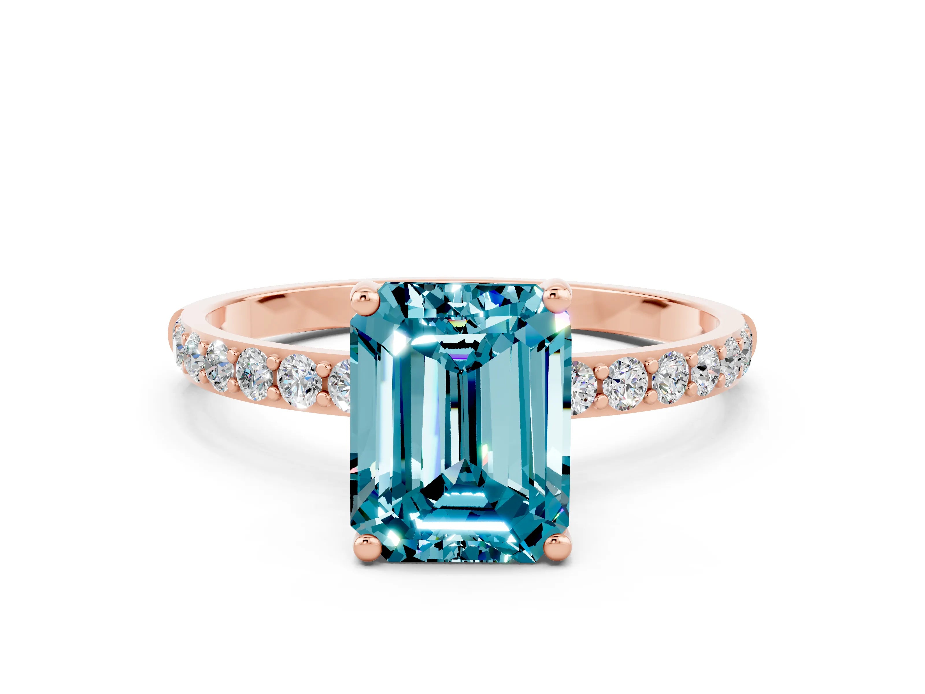 Rose gold Emerald Cut Blue Topaz Solitaire Ring with Pave Band and Four Prong Setting_24