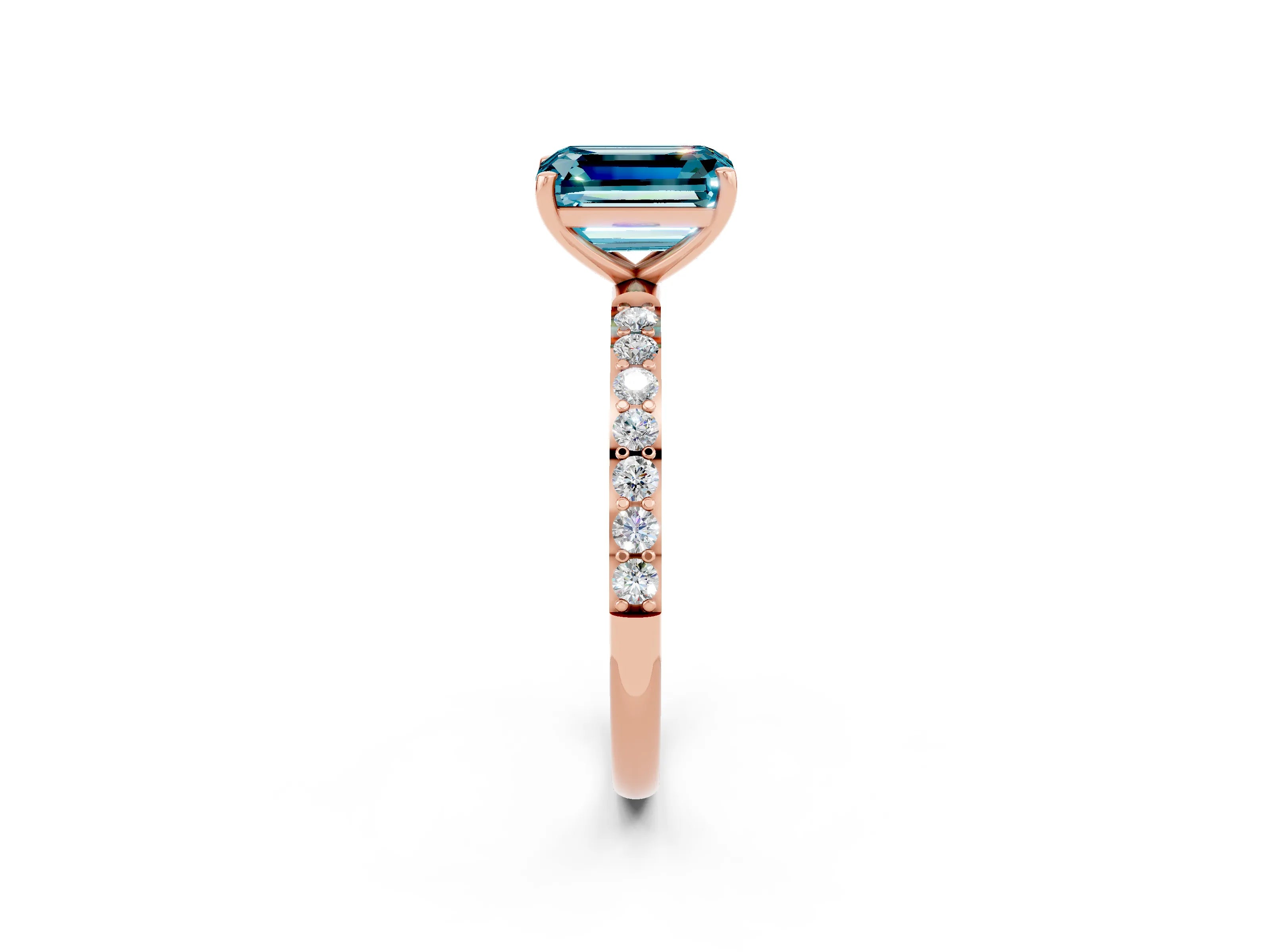 Rose gold Emerald Cut Blue Topaz Solitaire Ring with Pave Band and Four Prong Setting_26