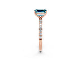 Rose gold Emerald Cut Blue Topaz Solitaire Ring with Pave Band and Four Prong Setting_26