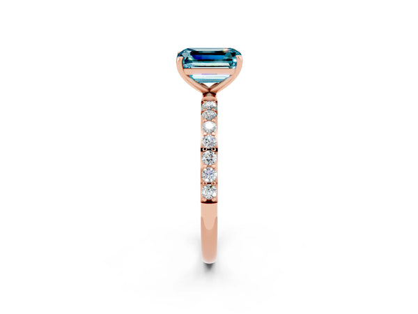Rose gold Emerald Cut Blue Topaz Solitaire Ring with Round  Pavé Band and Prong Setting