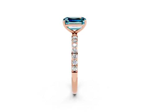 Rose gold Emerald Cut Blue Topaz Solitaire Ring with Pave Band and Four Prong Setting_26