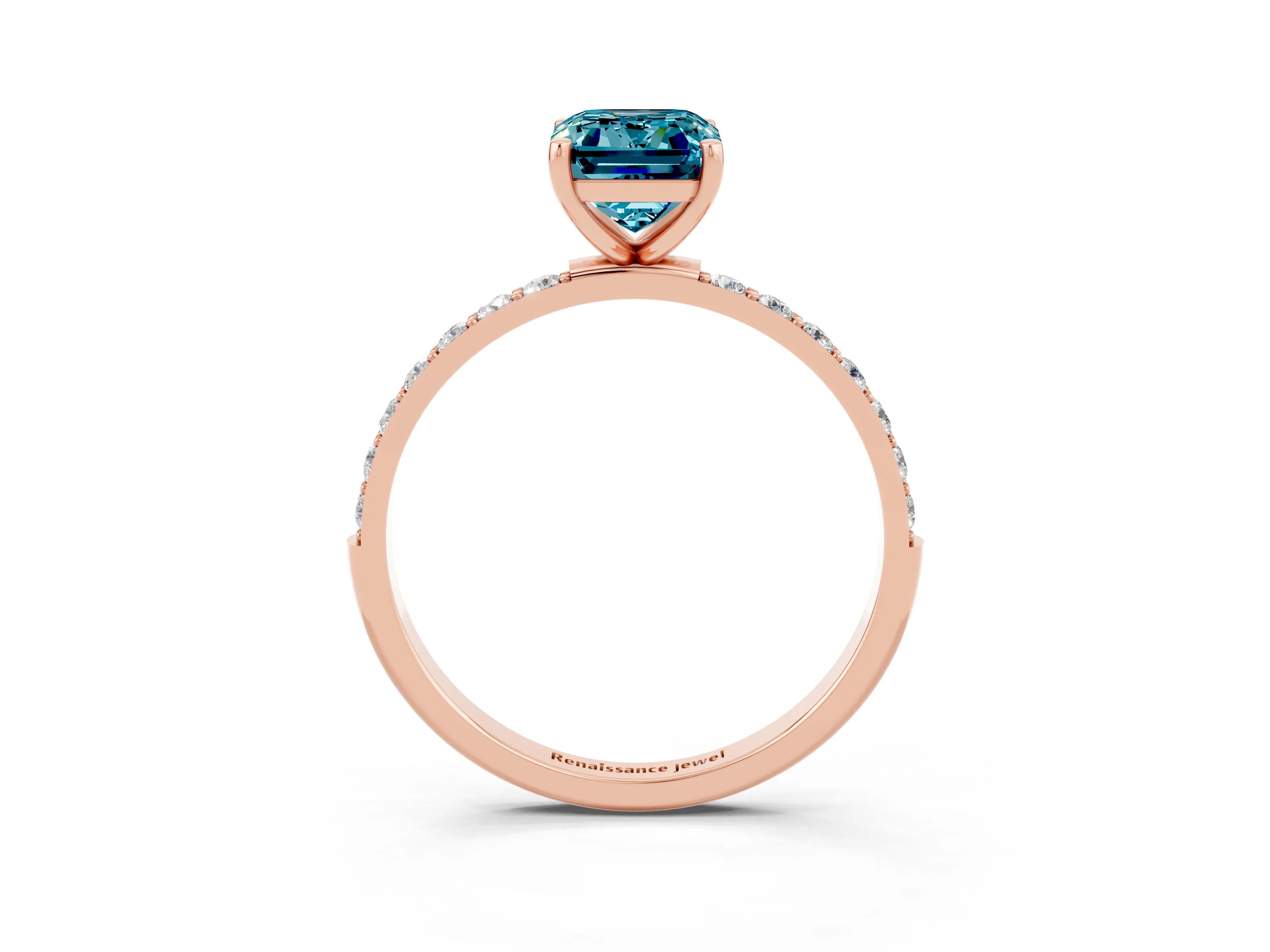 Rose gold Emerald Cut Blue Topaz Solitaire Ring with Pave Band and Four Prong Setting_27