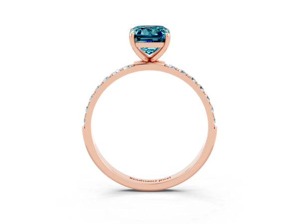 Rose gold Emerald Cut Blue Topaz Solitaire Ring with Round  Pavé Band and Prong Setting