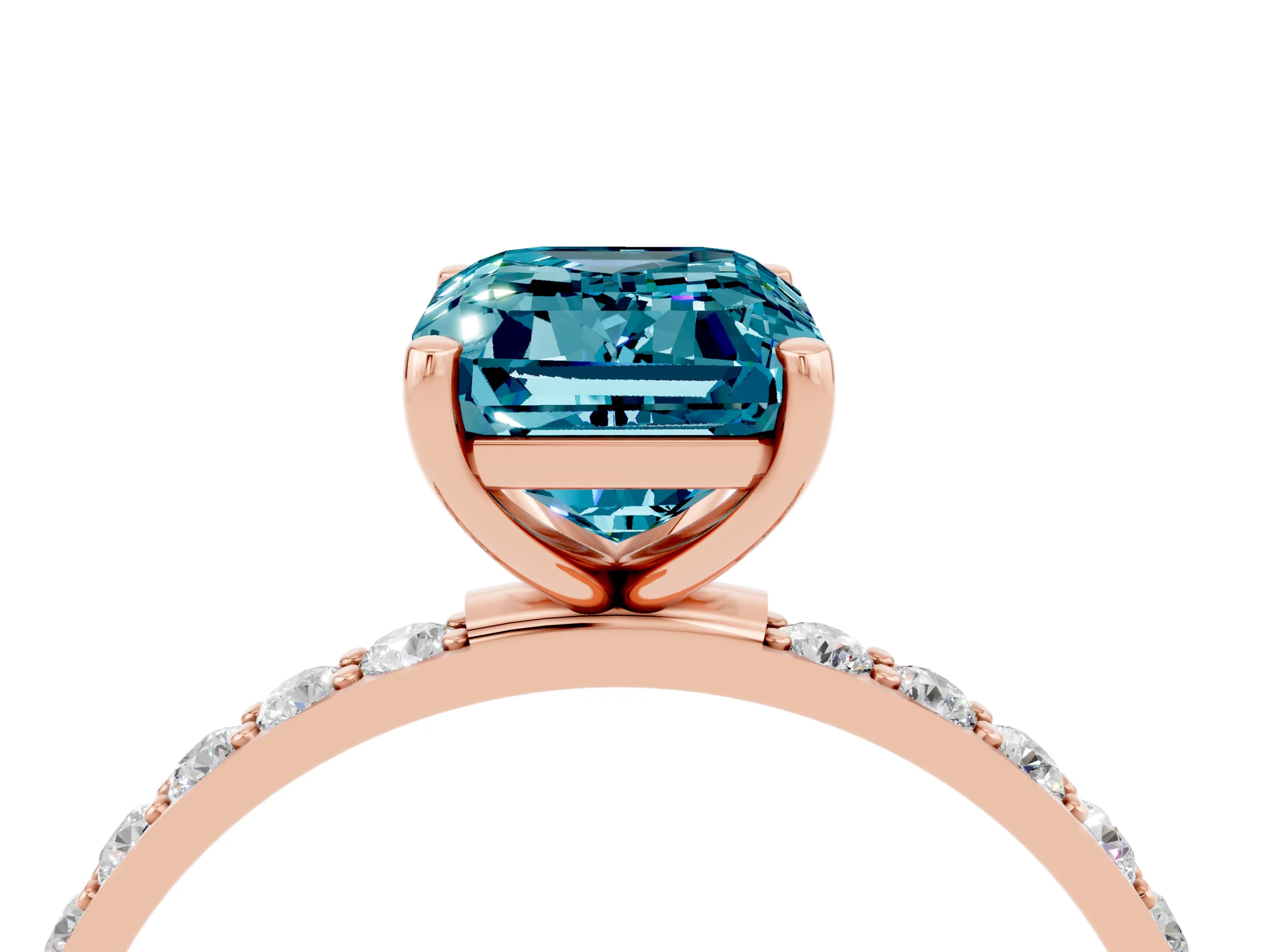 Rose gold Emerald Cut Blue Topaz Solitaire Ring with Pave Band and Four Prong Setting_28