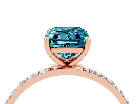 Rose gold Emerald Cut Blue Topaz Solitaire Ring with Pave Band and Four Prong Setting_28