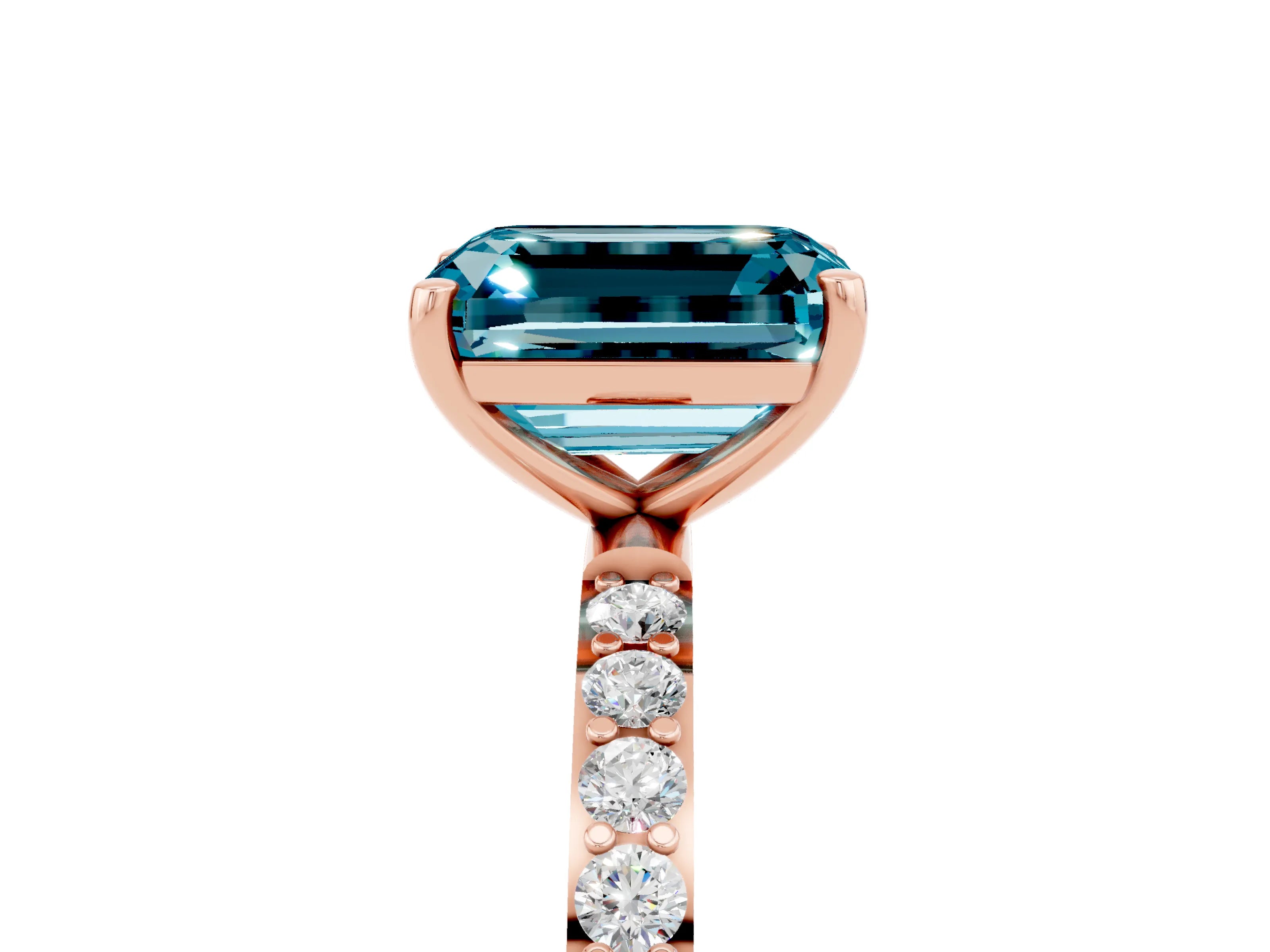 Rose gold Emerald Cut Blue Topaz Solitaire Ring with Pave Band and Four Prong Setting_29