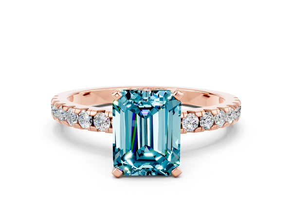 Rose gold Emerald Cut Blue Topaz Solitaire Ring with Round  Pavé Band and Four-Prong Setting