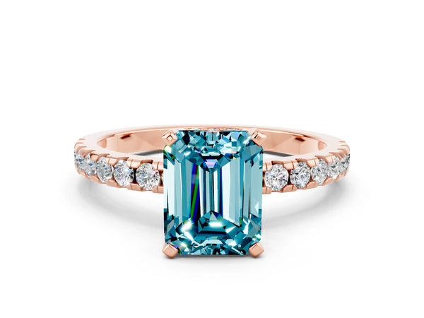 Rose gold Emerald Cut Blue Topaz Solitaire Ring with Round Pavé Band and Four-Prong Setting
