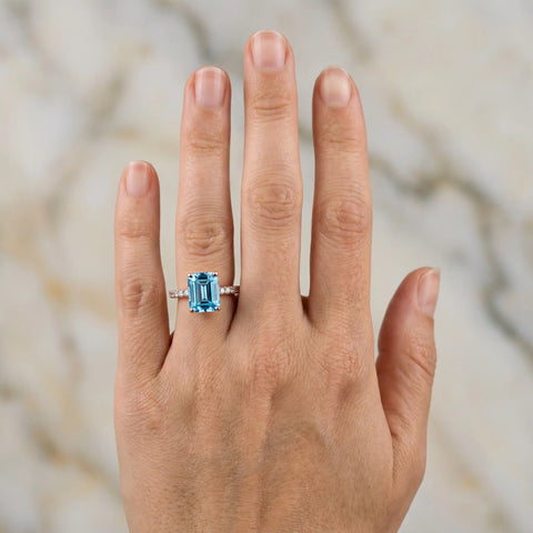 Rose gold Emerald Cut Blue Topaz Solitaire Ring with Round  Pavé Band and Four-Prong Setting_54