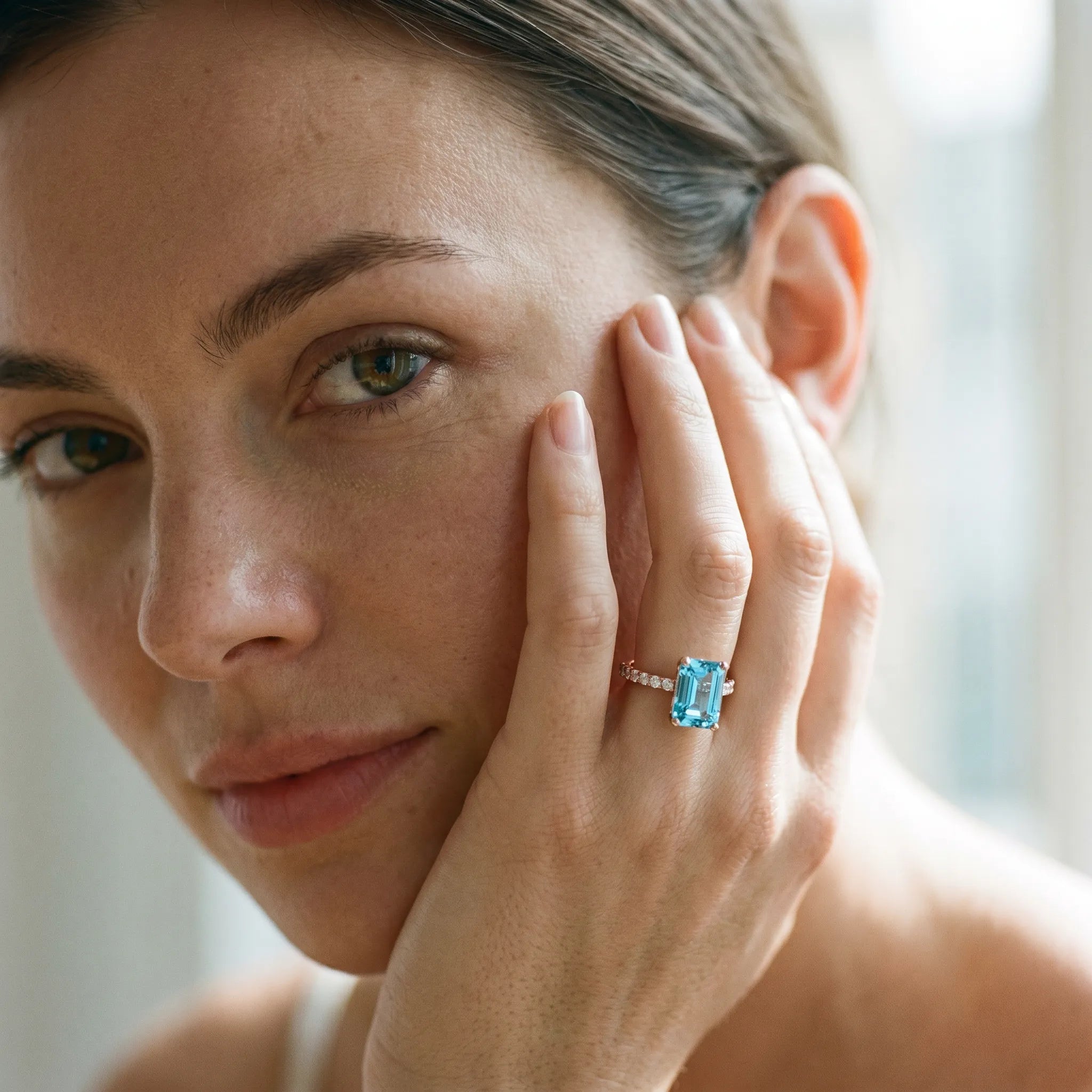 Rose gold Emerald Cut Blue Topaz Solitaire Ring with Round  Pavé Band and Four-Prong Setting_55